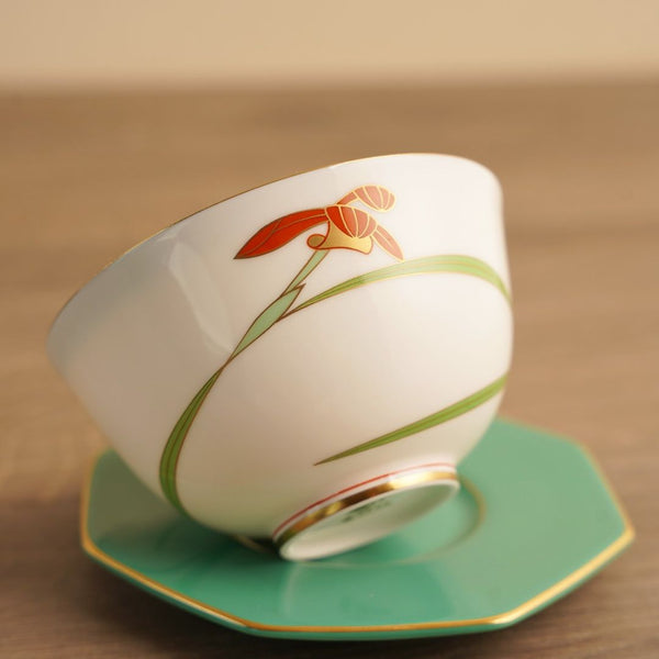 Koransha Jade Orchid Porcelain cup & saucer set｜翠玉洋蘭金彩白瓷茶杯