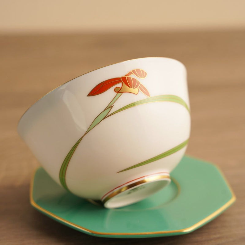 Koransha Jade Orchid Porcelain cup & saucer set｜翠玉洋蘭金彩白瓷茶杯